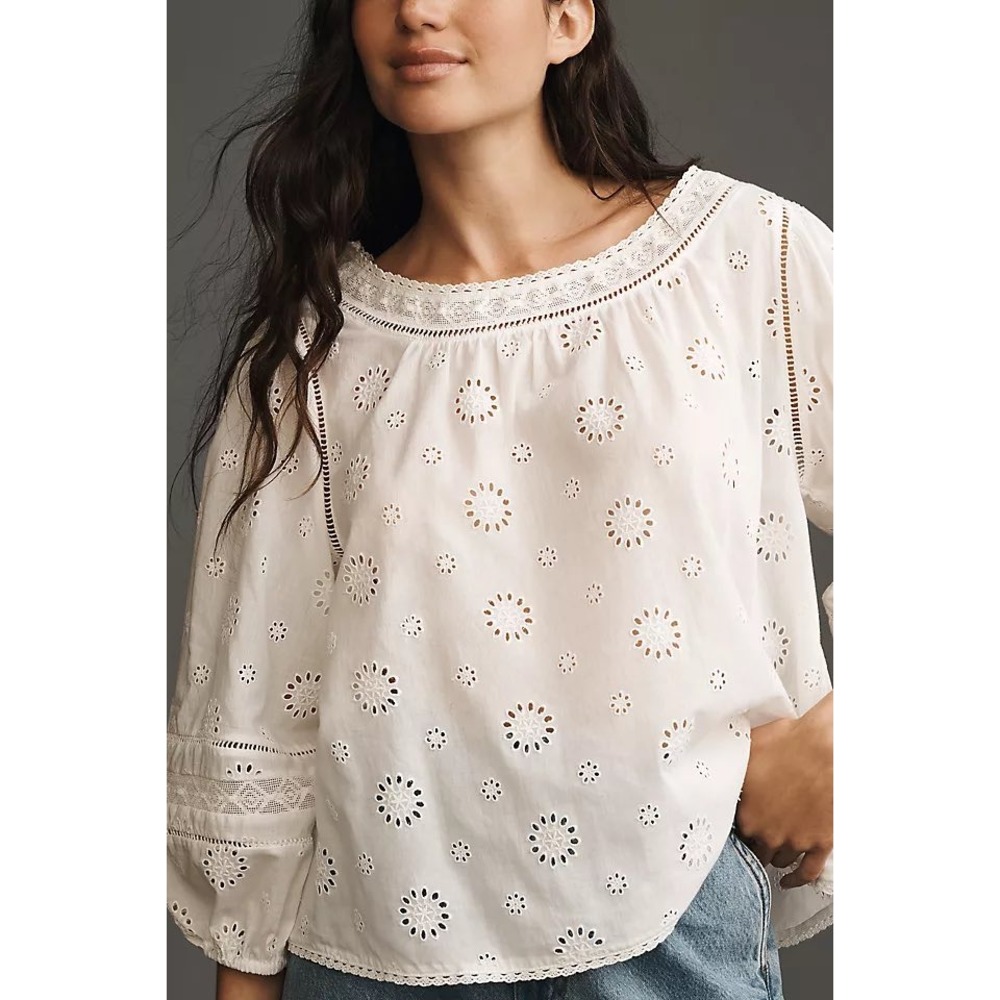 Anthropologie Pilcro White Eyelet Lace Trim Balloon Sleeve Blouse Top